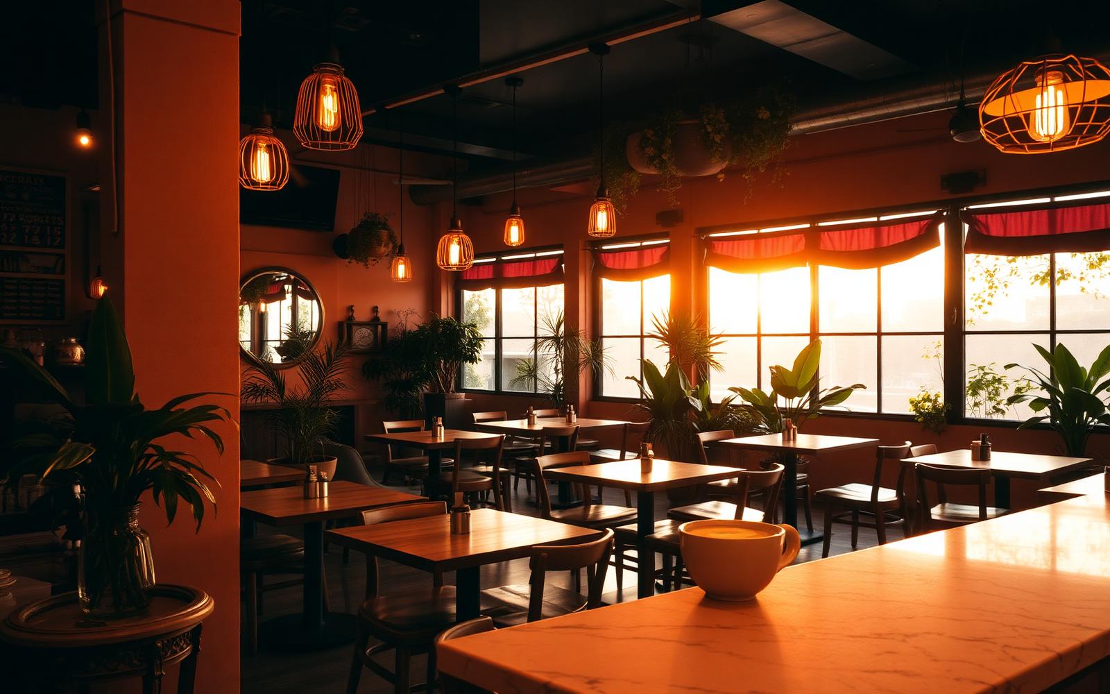 Warm cafe interior with hanging lights and wooden tables