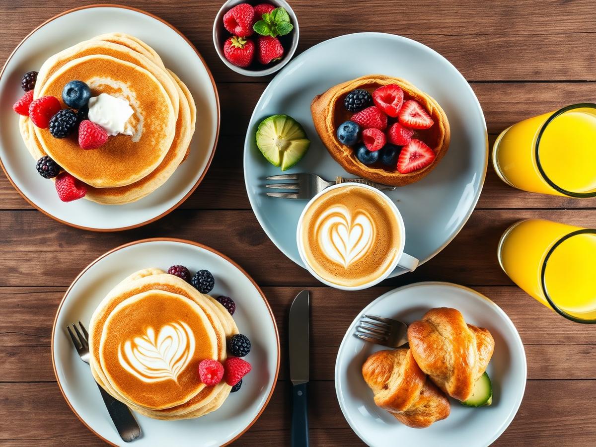 Colorful cafe breakfast spread with pancakes and coffee